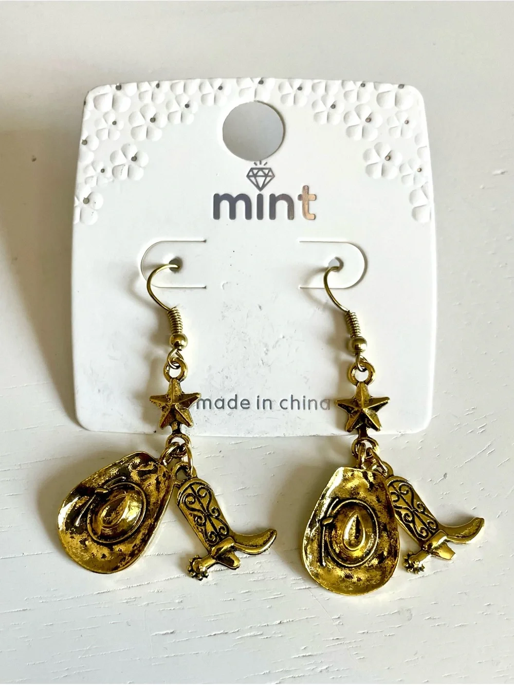Mint Western Cowgirl Rodeo Dangle Earrings Gold Hat Boot Southwestern Country